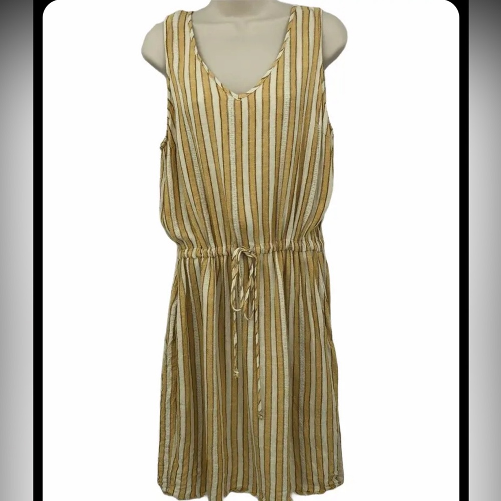 Drew Dress M Mustard Yellow Cream Striped Drawstring Waist Raw Hem
